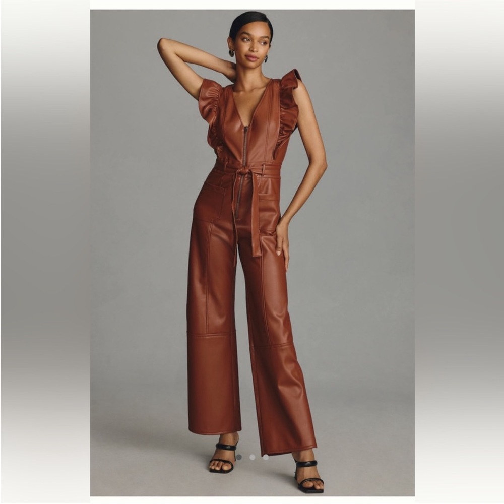 Anthropologie Colette Faux Leather Wide Leg Jumpsuit by Maeve